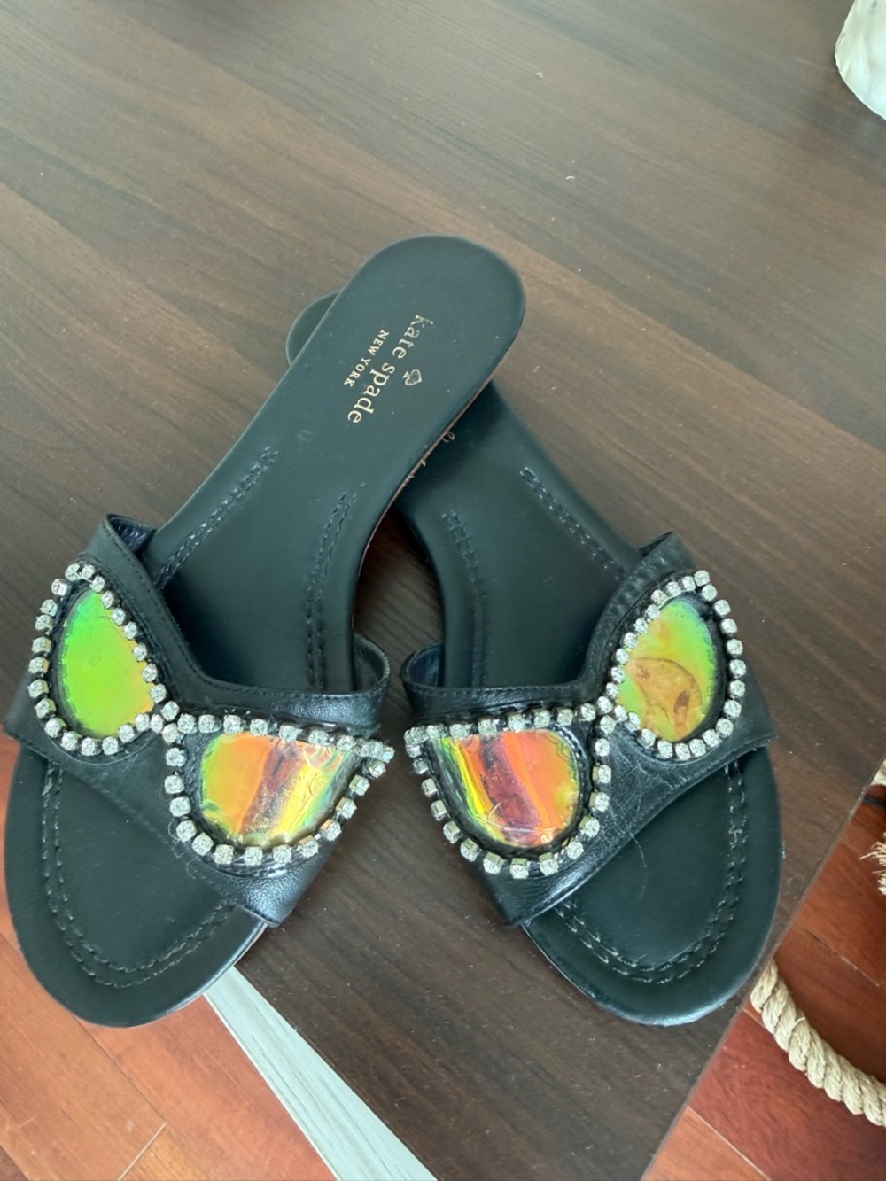 kate spade Black Leather Slide Sandals with Iridescent Gem Accents